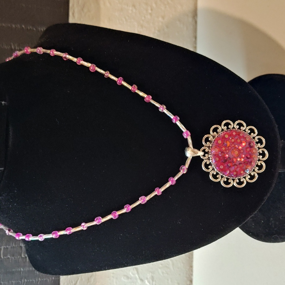 Handmade Pink Sparkle Resin Pendant Necklace